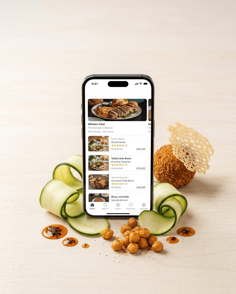 Dealround product photoshoot · phone with food scene