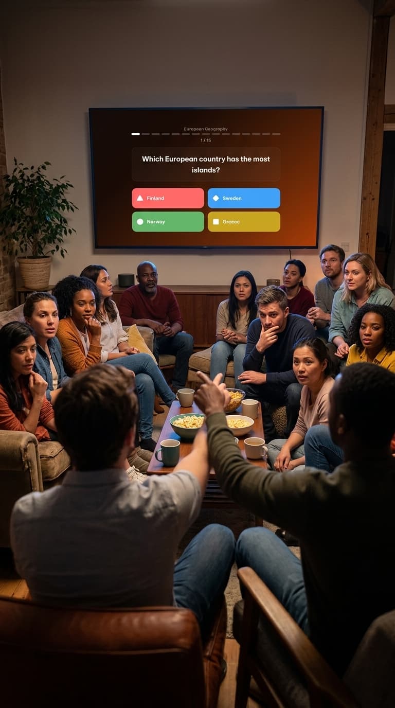 Friends gathered watching Quizmo on TV