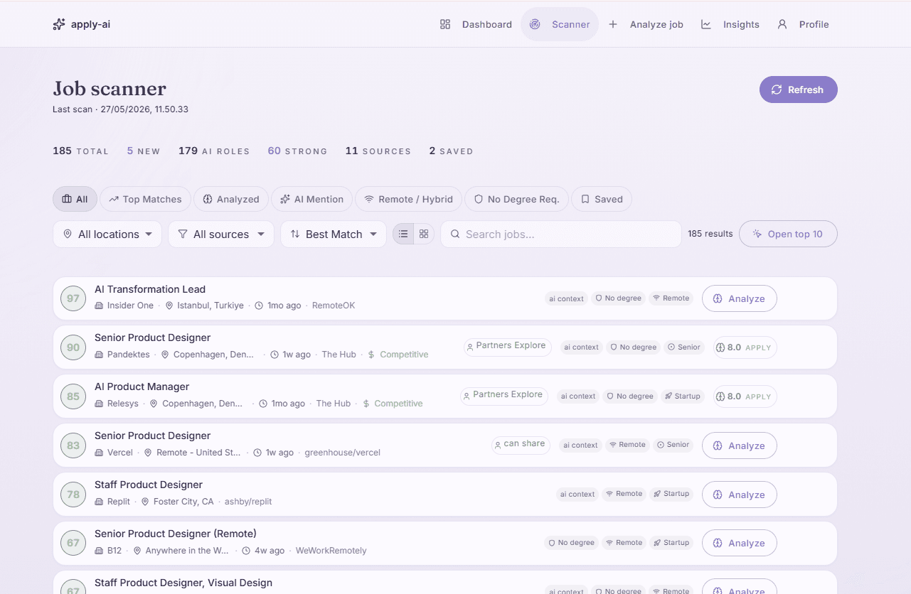 Apply AI job scanner showing 185 jobs ranked against the CV, with filters and AI-role tags