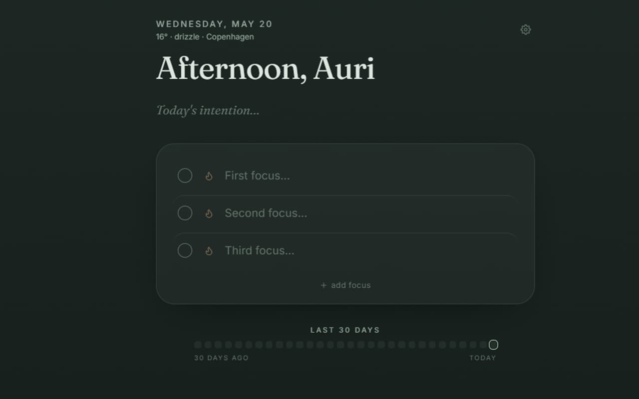 Daily Focus new-tab dashboard with focuses, Pomodoro, habit grid, and Danish card