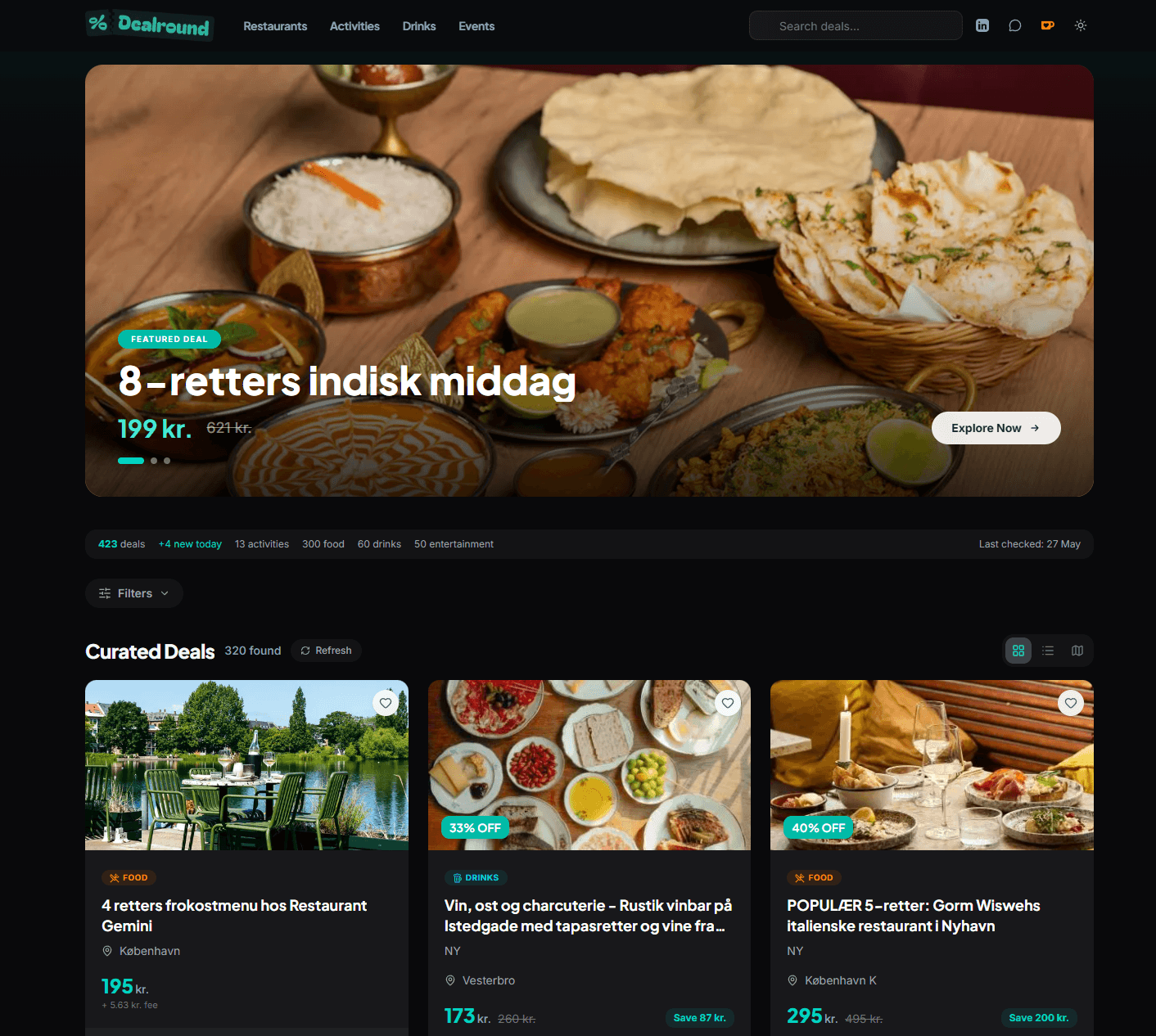 Dealround desktop dashboard with featured deal and curated grid