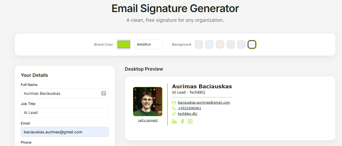 Email Signature Generator with brand-color picker and live preview