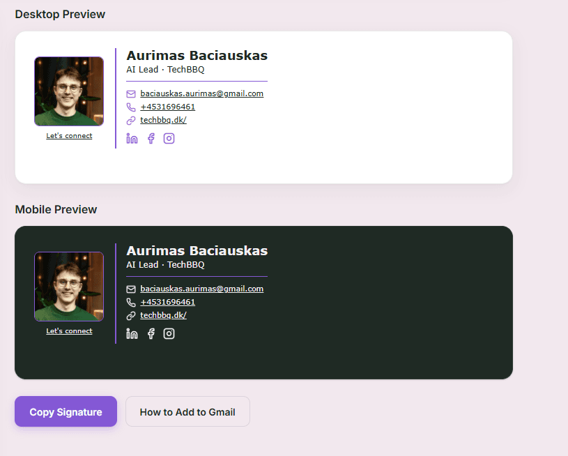 Desktop and mobile signature previews stacked