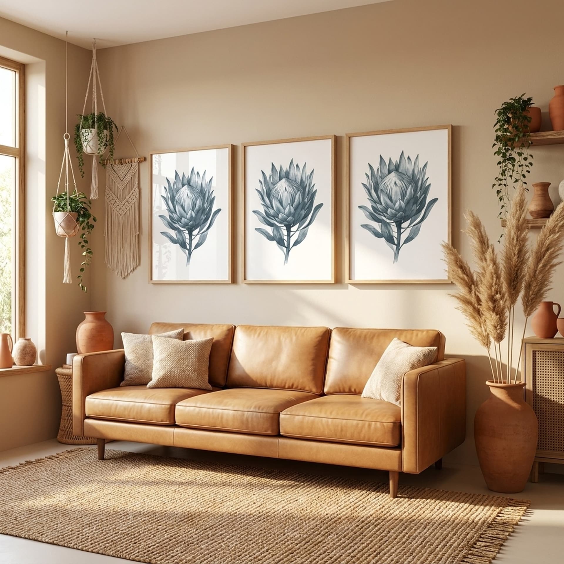 Dusty Blue Protea triptych styled in a boho living room