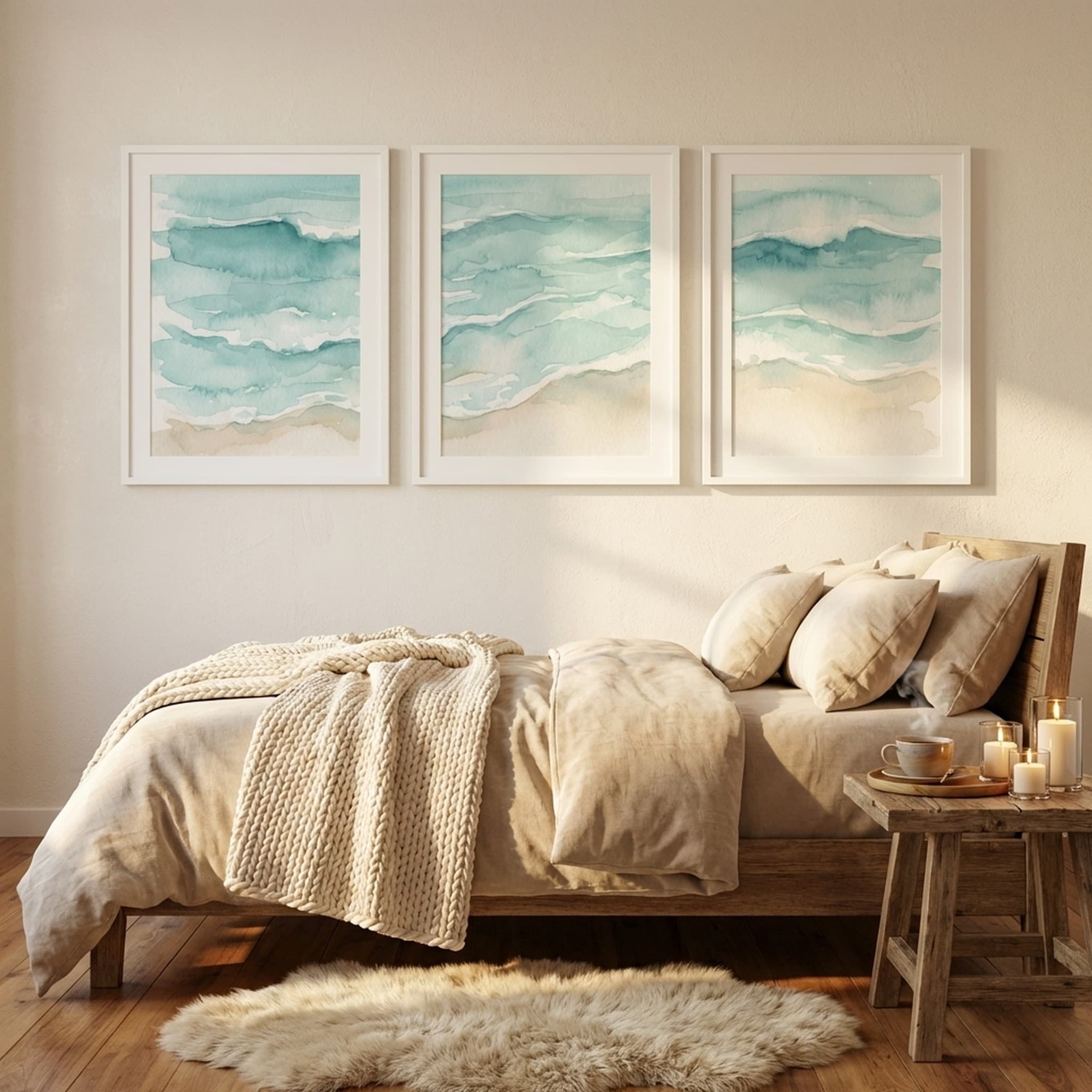 Coastal Ocean watercolour triptych in a cozy bedroom