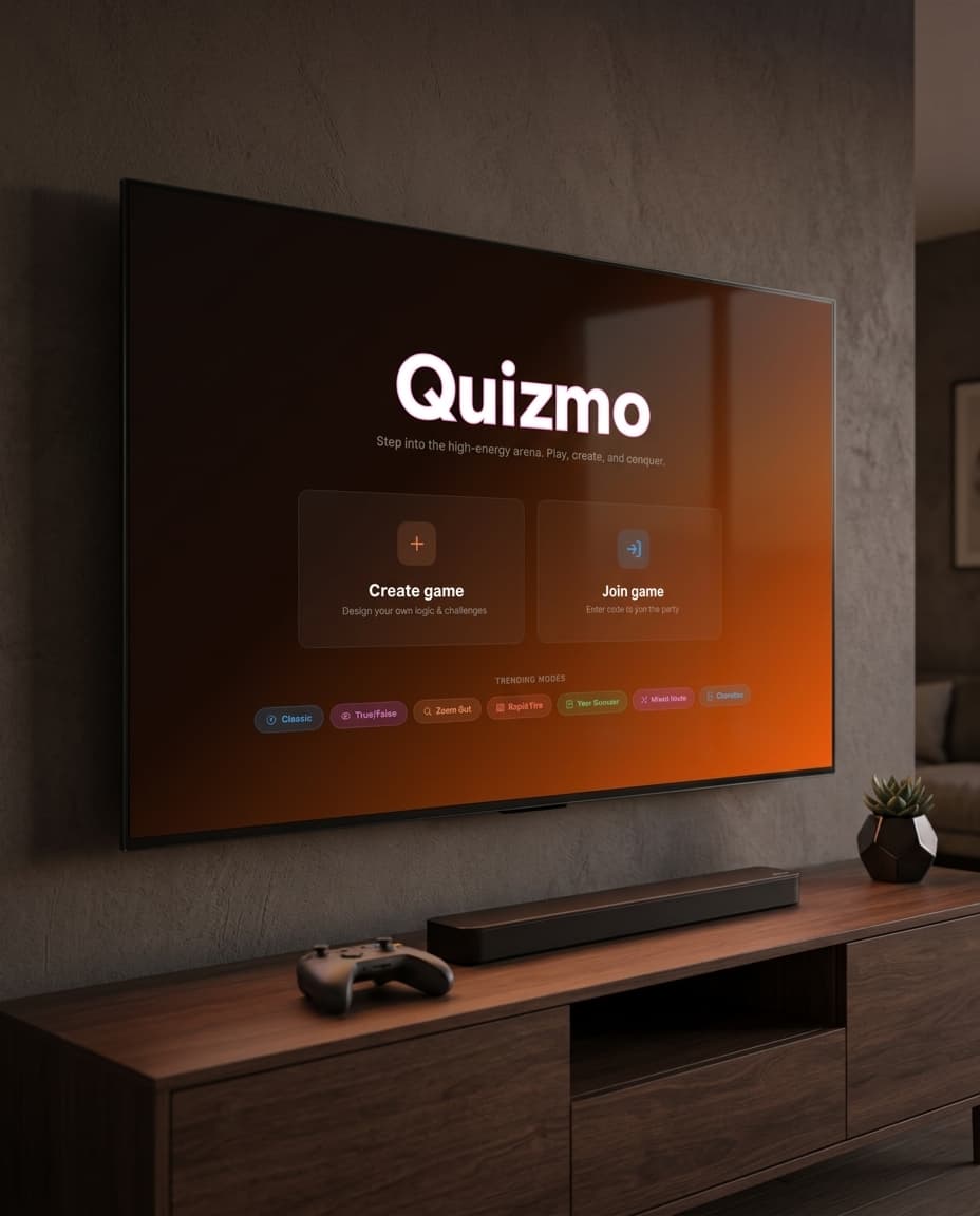 Quizmo title screen on a living-room TV with game controller